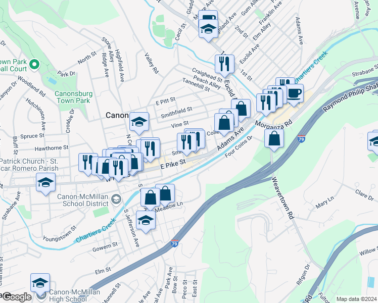 map of restaurants, bars, coffee shops, grocery stores, and more near 151 East Pike Street in Canonsburg