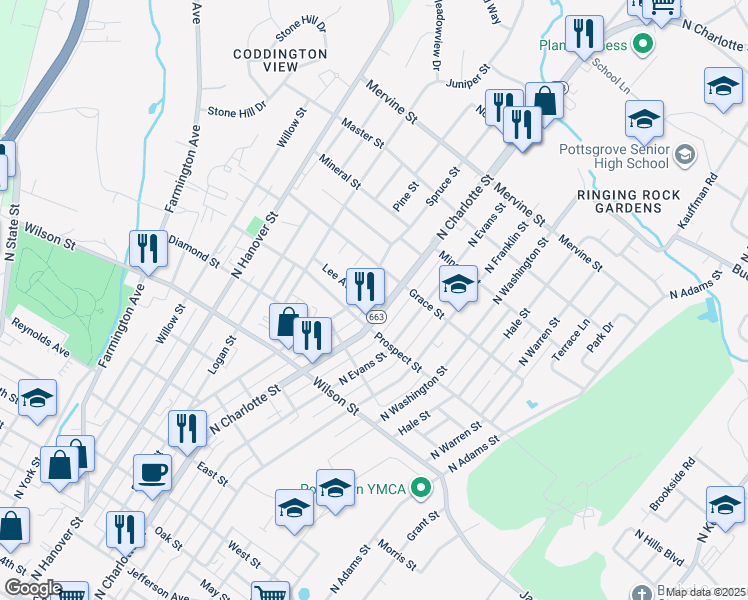 map of restaurants, bars, coffee shops, grocery stores, and more near 285 Lee Ave in Pottstown