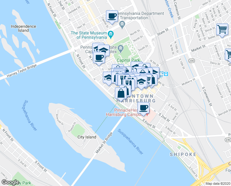 map of restaurants, bars, coffee shops, grocery stores, and more near 107 Locust Street in Harrisburg