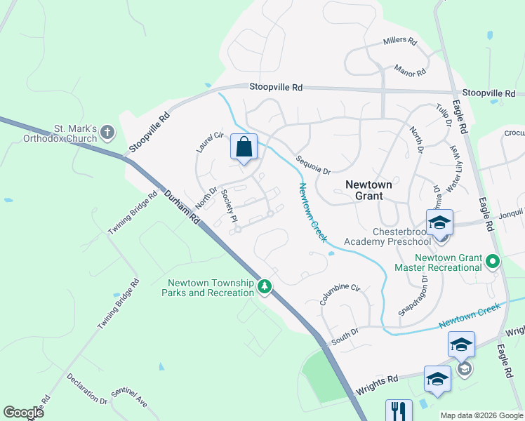 map of restaurants, bars, coffee shops, grocery stores, and more near 1409 Society Place in Newtown