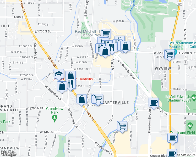 map of restaurants, bars, coffee shops, grocery stores, and more near 1933 North 650 West in Provo