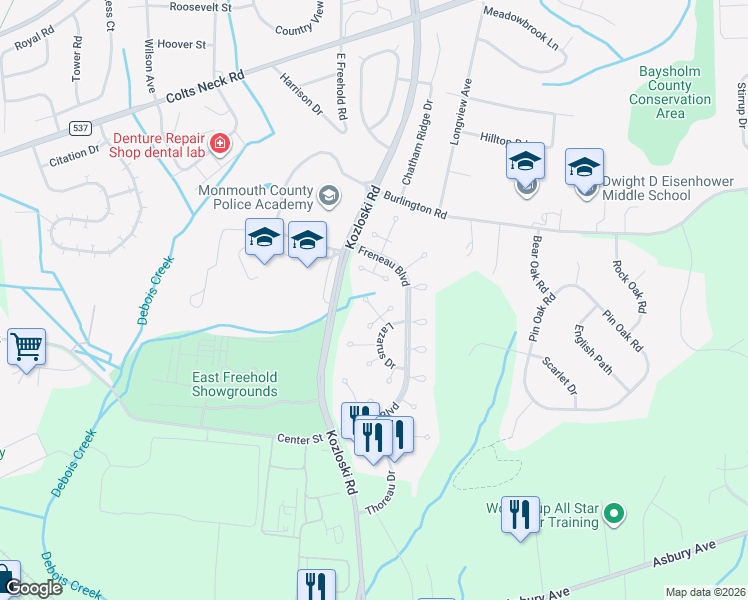map of restaurants, bars, coffee shops, grocery stores, and more near 15 Jennings Court in Freehold
