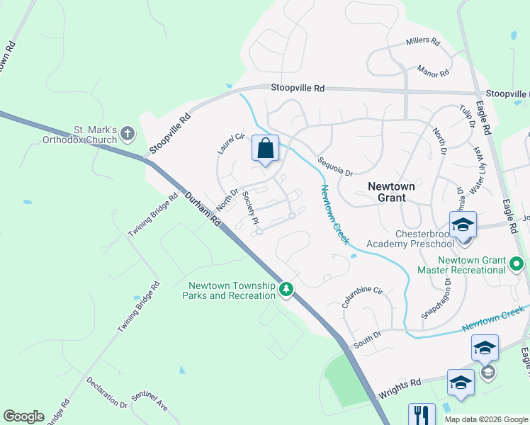 map of restaurants, bars, coffee shops, grocery stores, and more near 1809 Society Place in Newtown