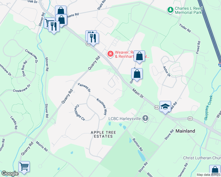 map of restaurants, bars, coffee shops, grocery stores, and more near 441 Ruth Court in Harleysville