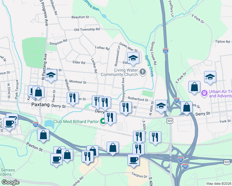 map of restaurants, bars, coffee shops, grocery stores, and more near 3842 Bonnymeade Circle in Harrisburg