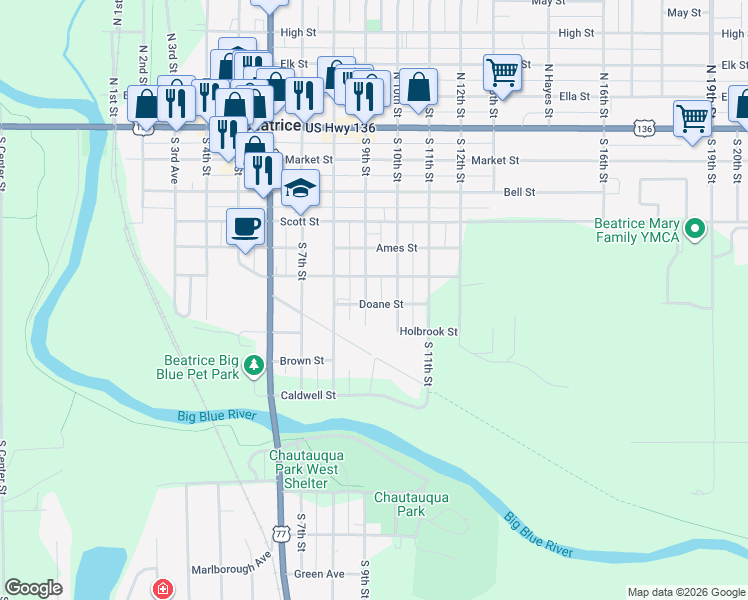 map of restaurants, bars, coffee shops, grocery stores, and more near 702 South 9th Street in Beatrice