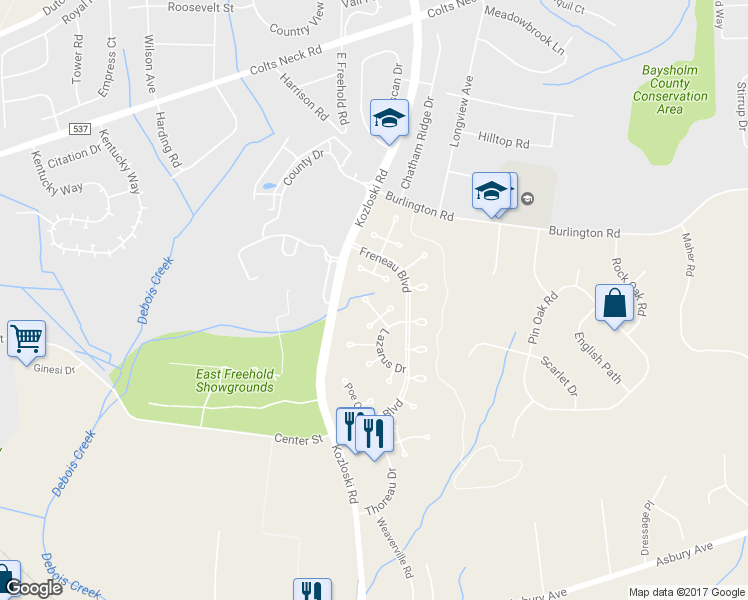 map of restaurants, bars, coffee shops, grocery stores, and more near 3 Jennings Court in Freehold