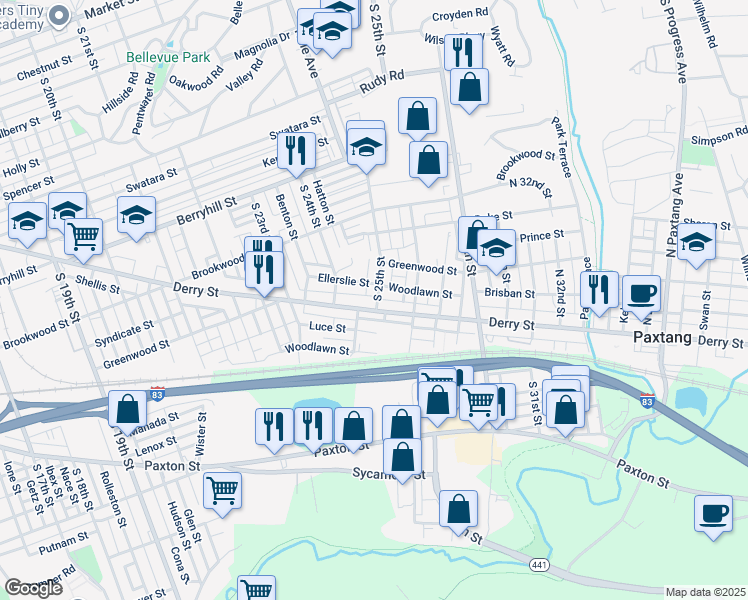 map of restaurants, bars, coffee shops, grocery stores, and more near 736 South 25th Street in Harrisburg