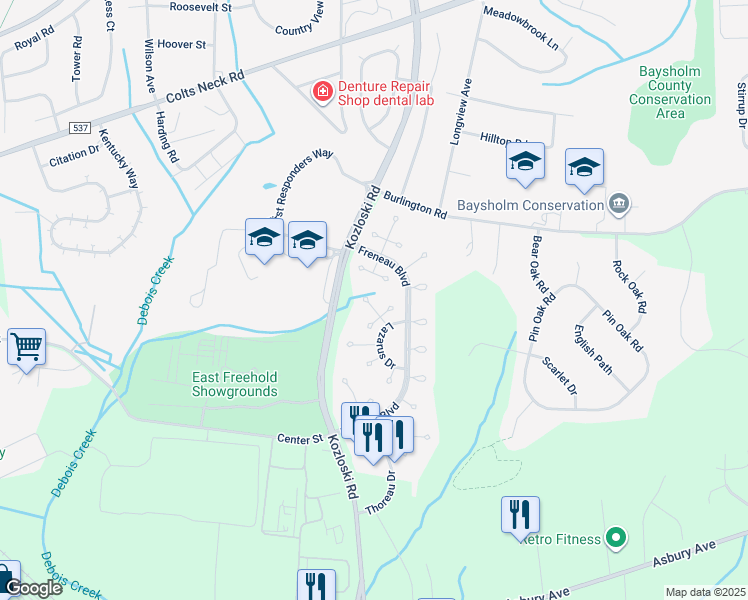 map of restaurants, bars, coffee shops, grocery stores, and more near 3 Jennings Court in Freehold