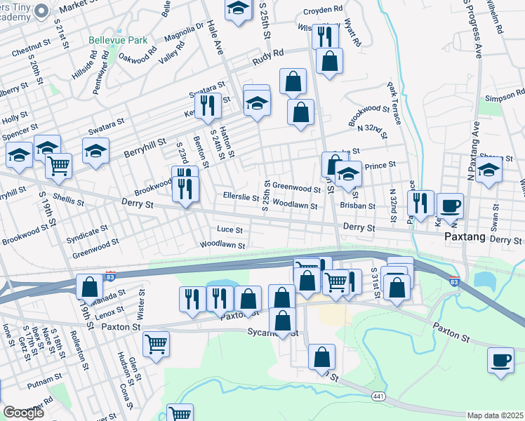 map of restaurants, bars, coffee shops, grocery stores, and more near 736 South 25th Street in Harrisburg