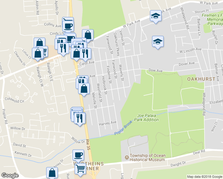 map of restaurants, bars, coffee shops, grocery stores, and more near 1800 Finderne Street in Ocean Township