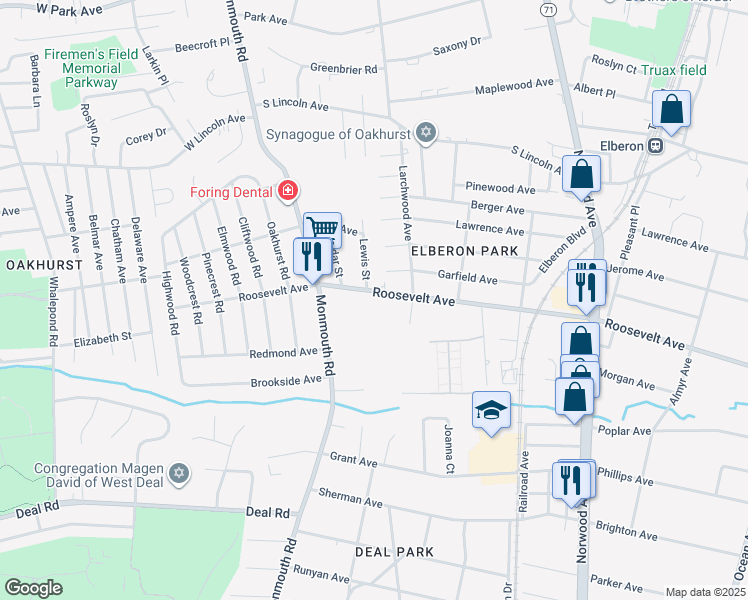 map of restaurants, bars, coffee shops, grocery stores, and more near 328 Roosevelt Avenue in Ocean Township