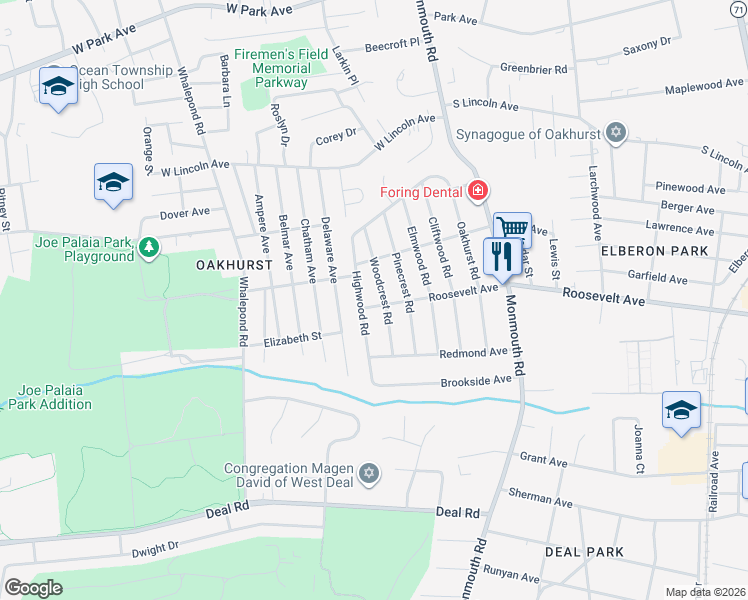 map of restaurants, bars, coffee shops, grocery stores, and more near 455 Roosevelt Avenue in Monmouth County