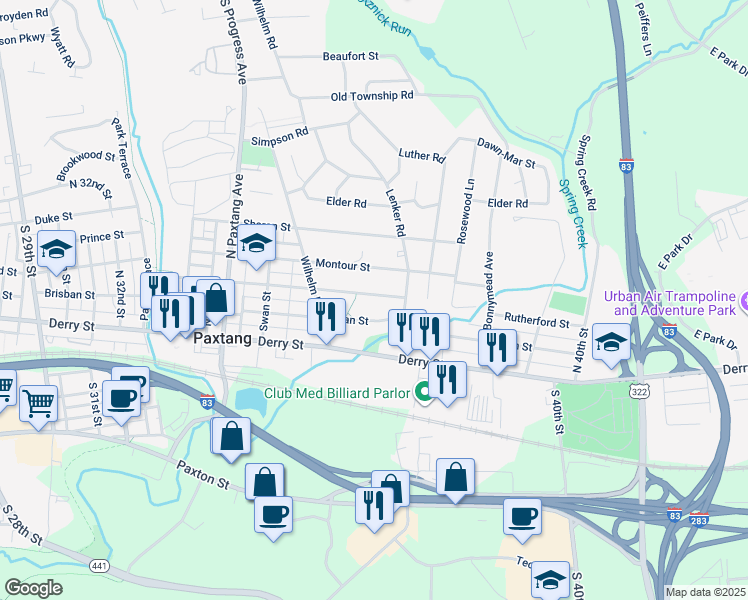 map of restaurants, bars, coffee shops, grocery stores, and more near 3743 Rutherford Street in Harrisburg