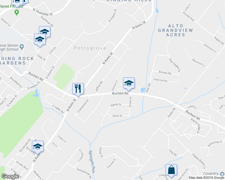 map of restaurants, bars, coffee shops, grocery stores, and more near 168 Sunrise Lane in Pottstown
