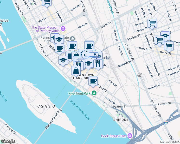 map of restaurants, bars, coffee shops, grocery stores, and more near 215 Market Street in Harrisburg
