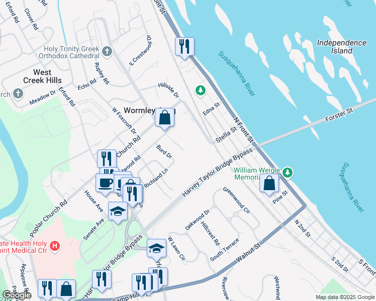 map of restaurants, bars, coffee shops, grocery stores, and more near 350 Poplar Church Road in Camp Hill