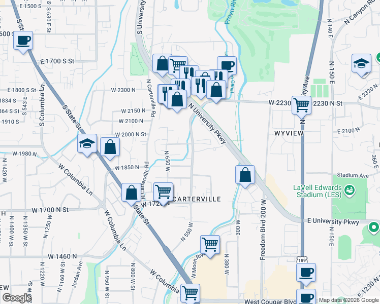 map of restaurants, bars, coffee shops, grocery stores, and more near 1925 North 550 West in Provo