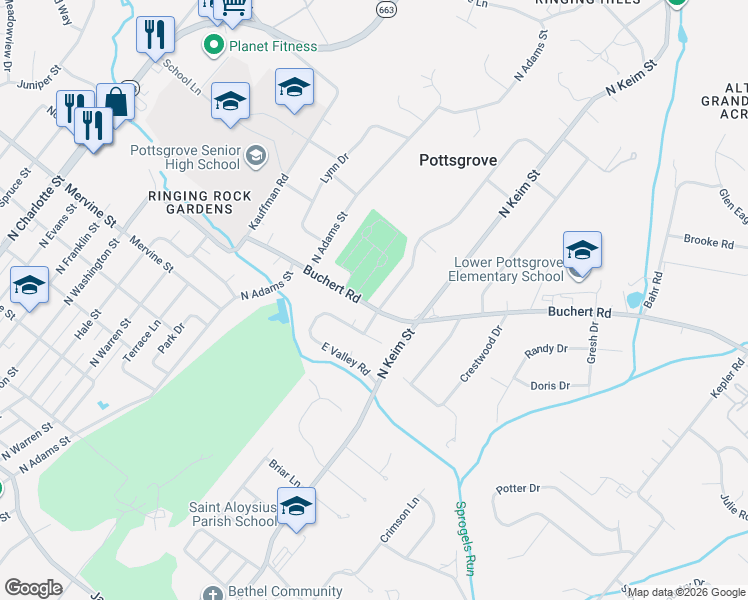 map of restaurants, bars, coffee shops, grocery stores, and more near 1206 North Valley Road in Pottstown