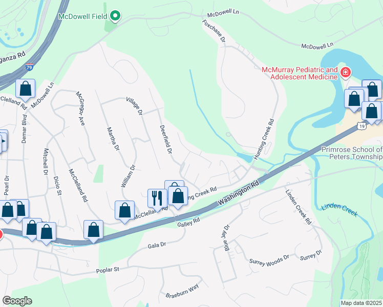 map of restaurants, bars, coffee shops, grocery stores, and more near 171 Meadowview Drive in Canonsburg
