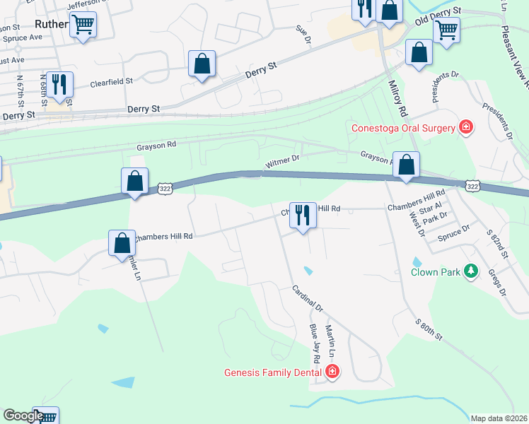 map of restaurants, bars, coffee shops, grocery stores, and more near 7765 Chambers Hill Road in Harrisburg