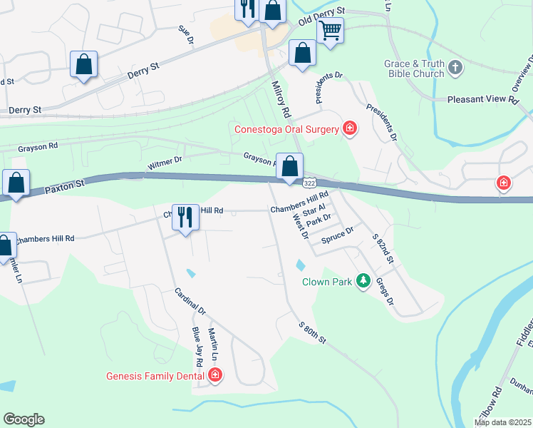 map of restaurants, bars, coffee shops, grocery stores, and more near 7981 Chambers Hill Road in Harrisburg