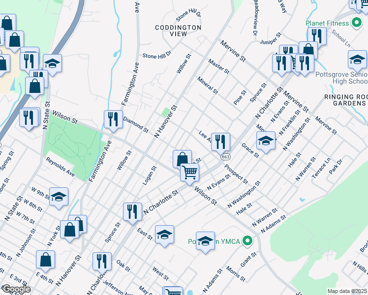 map of restaurants, bars, coffee shops, grocery stores, and more near 856 Feist Avenue in Pottstown