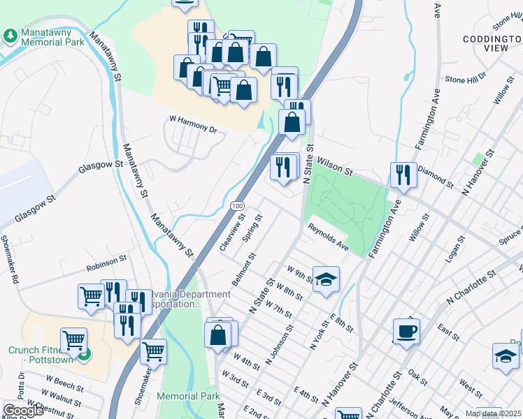 map of restaurants, bars, coffee shops, grocery stores, and more near 516 Spring Street in Pottstown