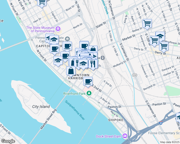 map of restaurants, bars, coffee shops, grocery stores, and more near 22 South 3rd Street in Harrisburg