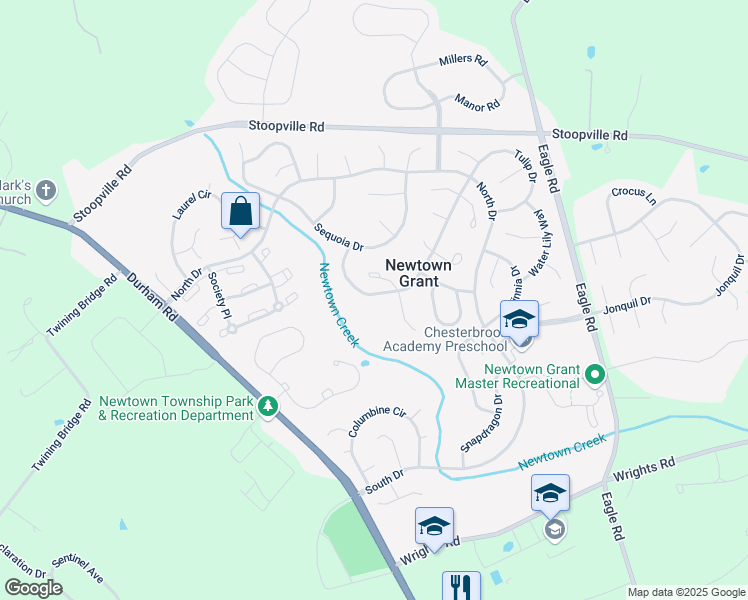 map of restaurants, bars, coffee shops, grocery stores, and more near 32 Cypress Place in Newtown