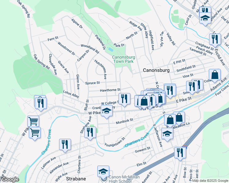 map of restaurants, bars, coffee shops, grocery stores, and more near 215 Hawthorne Street in Canonsburg