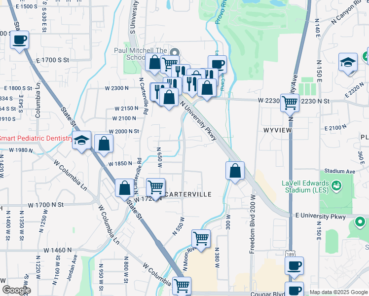 map of restaurants, bars, coffee shops, grocery stores, and more near 1940 North 550 West in Provo