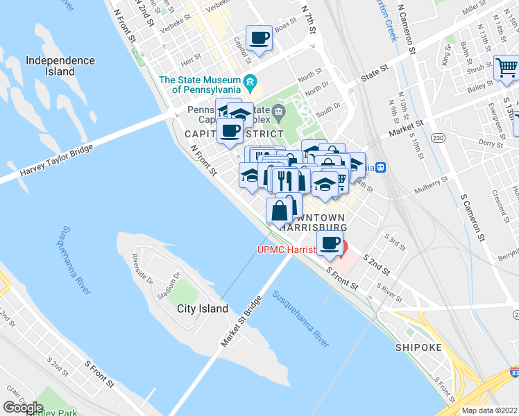 map of restaurants, bars, coffee shops, grocery stores, and more near 205 North Front Street in Harrisburg