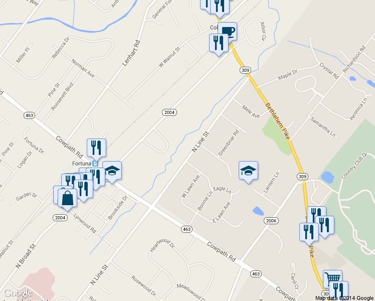 map of restaurants, bars, coffee shops, grocery stores, and more near 2118 North Line Street in Lansdale