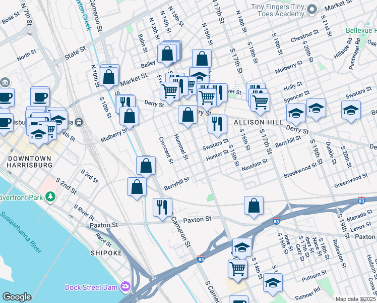 map of restaurants, bars, coffee shops, grocery stores, and more near 1250 Swatara Street in Harrisburg
