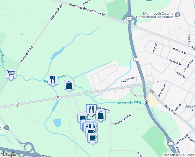 map of restaurants, bars, coffee shops, grocery stores, and more near 61 New Jersey 33 in Freehold