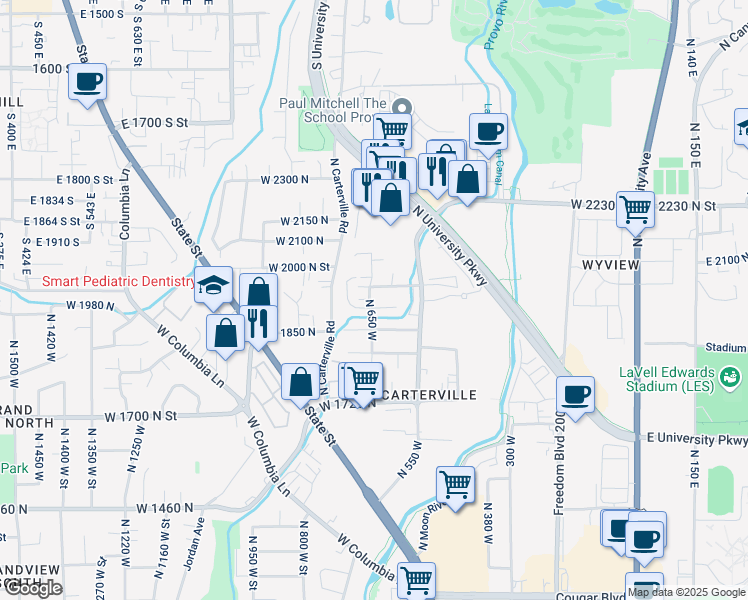 map of restaurants, bars, coffee shops, grocery stores, and more near 1933 North 650 West in Provo