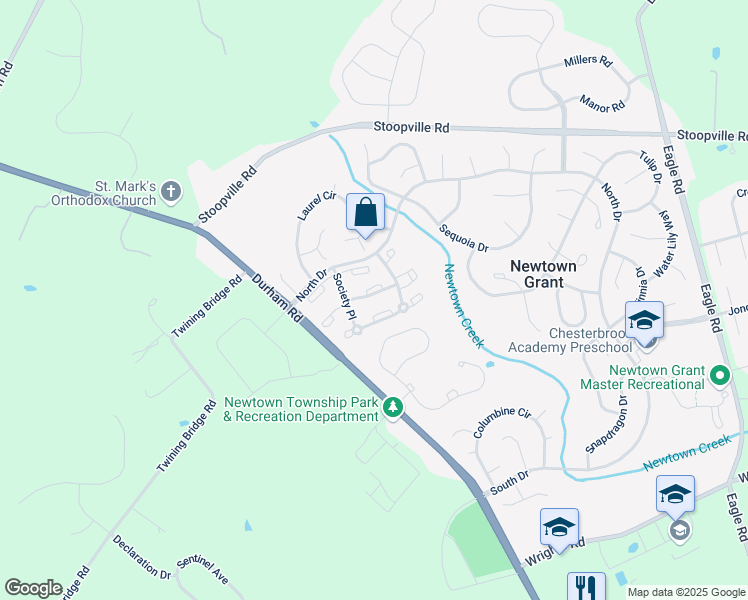 map of restaurants, bars, coffee shops, grocery stores, and more near 1809 Society Place in Newtown