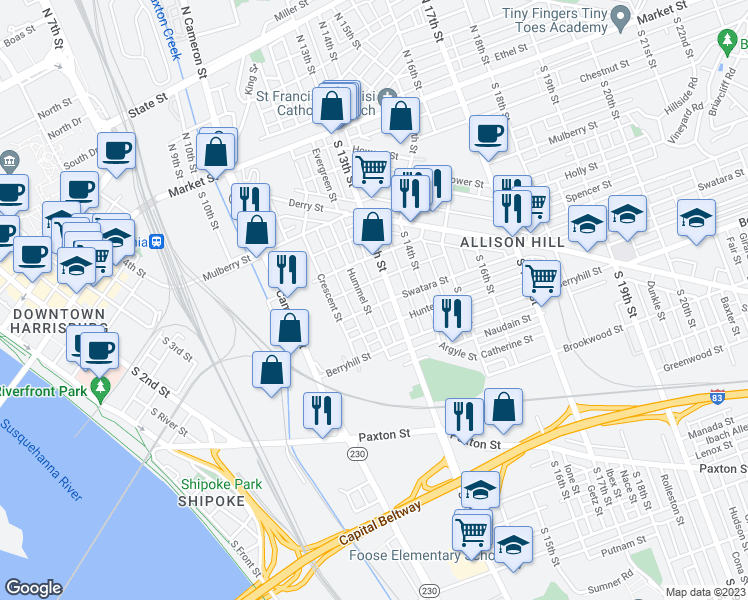 map of restaurants, bars, coffee shops, grocery stores, and more near 1250 Swatara Street in Harrisburg