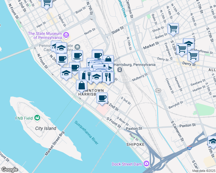 map of restaurants, bars, coffee shops, grocery stores, and more near 260 Chestnut Street in Harrisburg