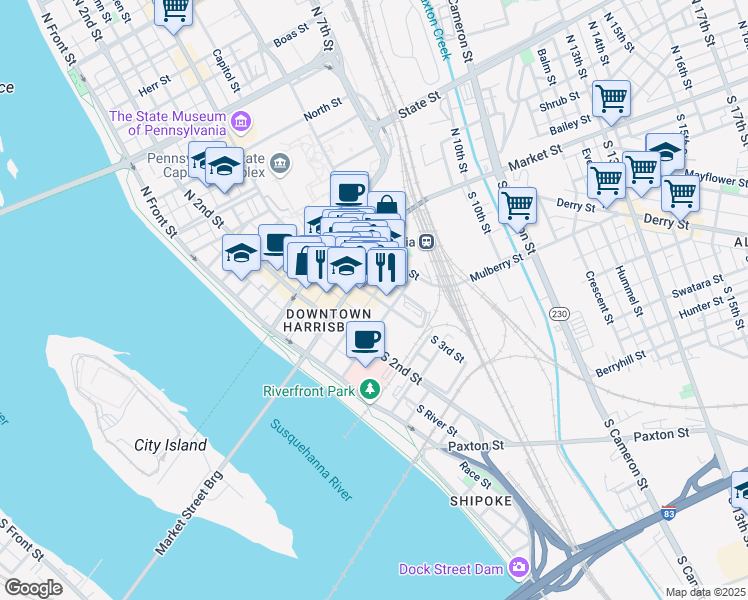 map of restaurants, bars, coffee shops, grocery stores, and more near 260 Chestnut Street in Harrisburg