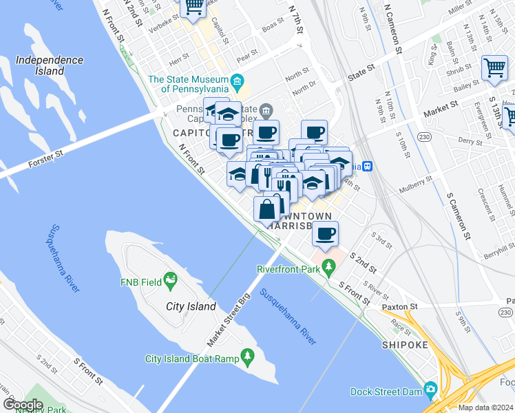 map of restaurants, bars, coffee shops, grocery stores, and more near 114 Walnut Street in Harrisburg