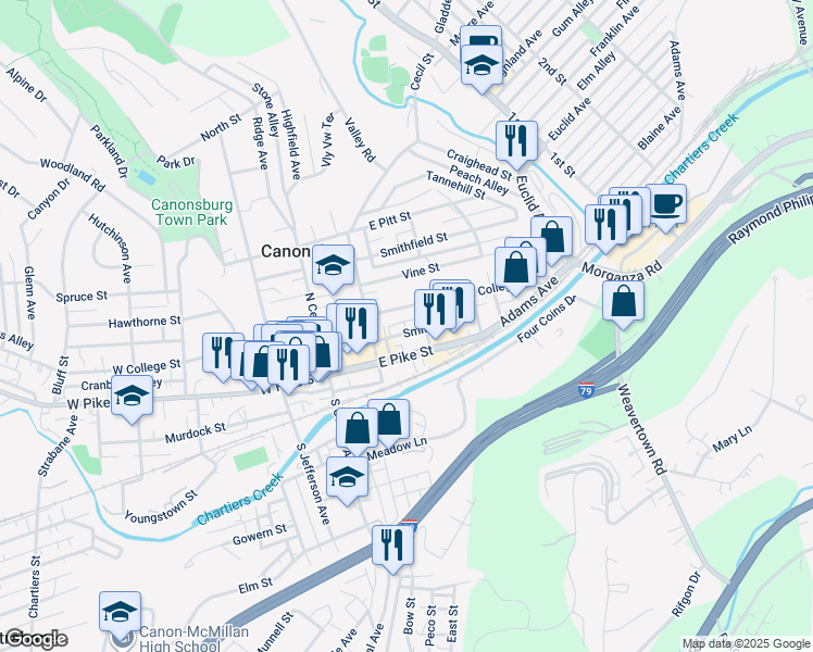 map of restaurants, bars, coffee shops, grocery stores, and more near 117 Smith Street in Canonsburg