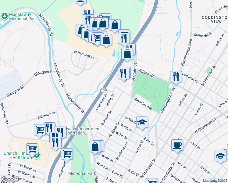 map of restaurants, bars, coffee shops, grocery stores, and more near 516 Spring Street in Pottstown