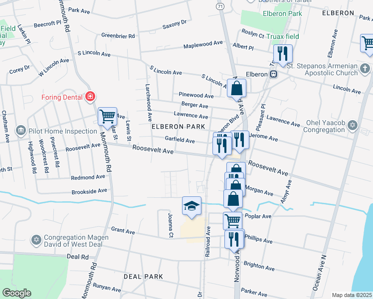 map of restaurants, bars, coffee shops, grocery stores, and more near 267 Roosevelt Avenue in Ocean Township