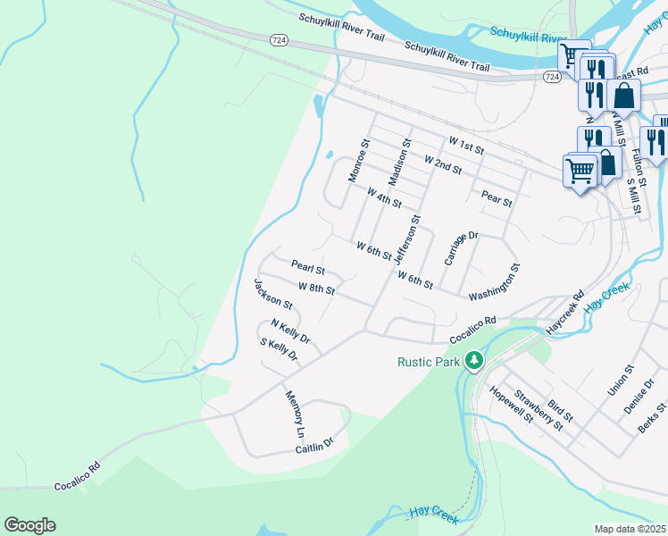 map of restaurants, bars, coffee shops, grocery stores, and more near 702 Pearl Street in Birdsboro