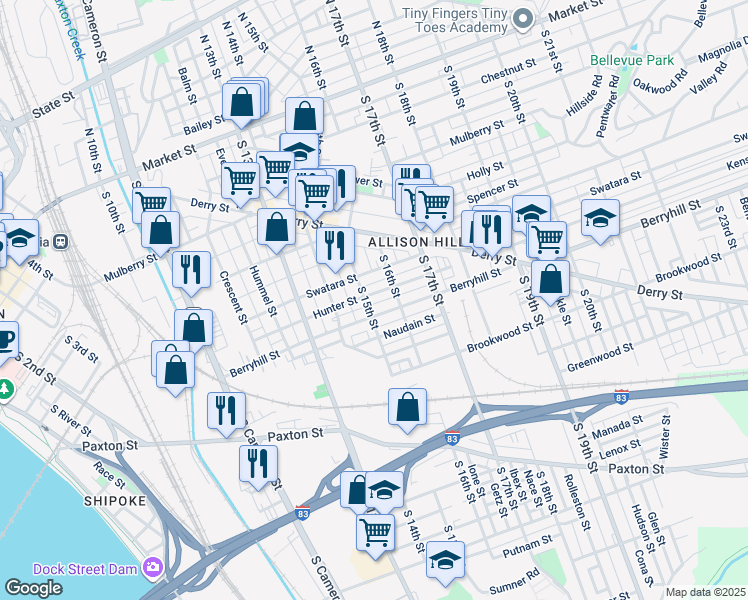 map of restaurants, bars, coffee shops, grocery stores, and more near 1505 Hunter Street in Harrisburg
