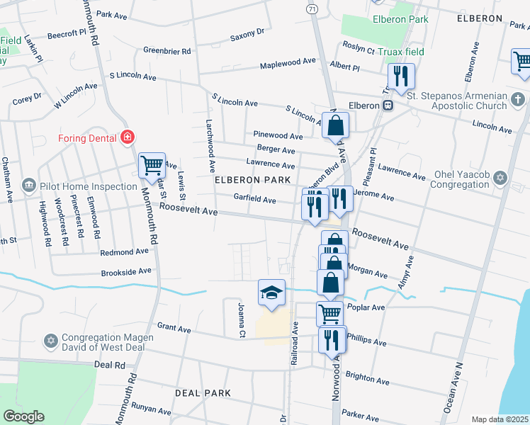 map of restaurants, bars, coffee shops, grocery stores, and more near 267 Roosevelt Avenue in Ocean Township