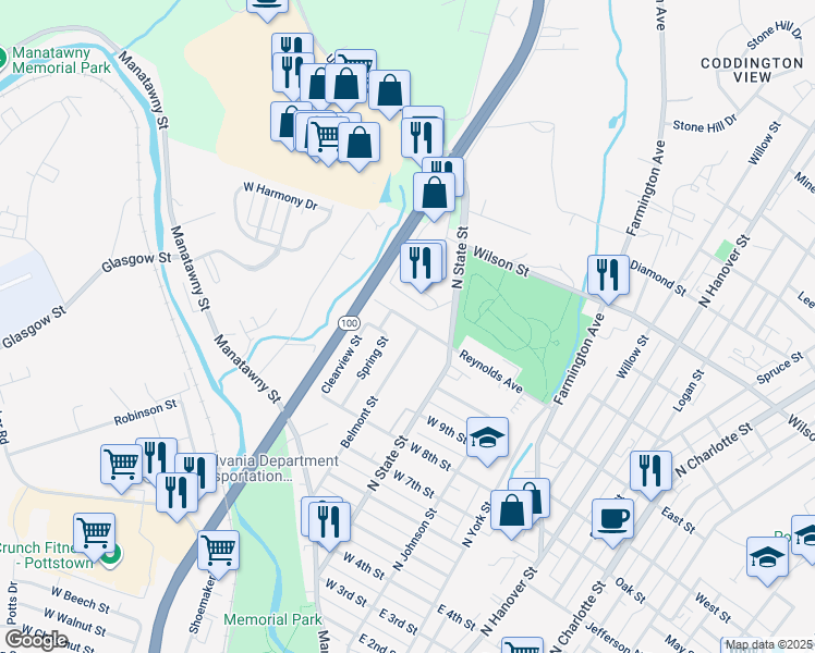 map of restaurants, bars, coffee shops, grocery stores, and more near 164 Reynolds Avenue in Pottstown