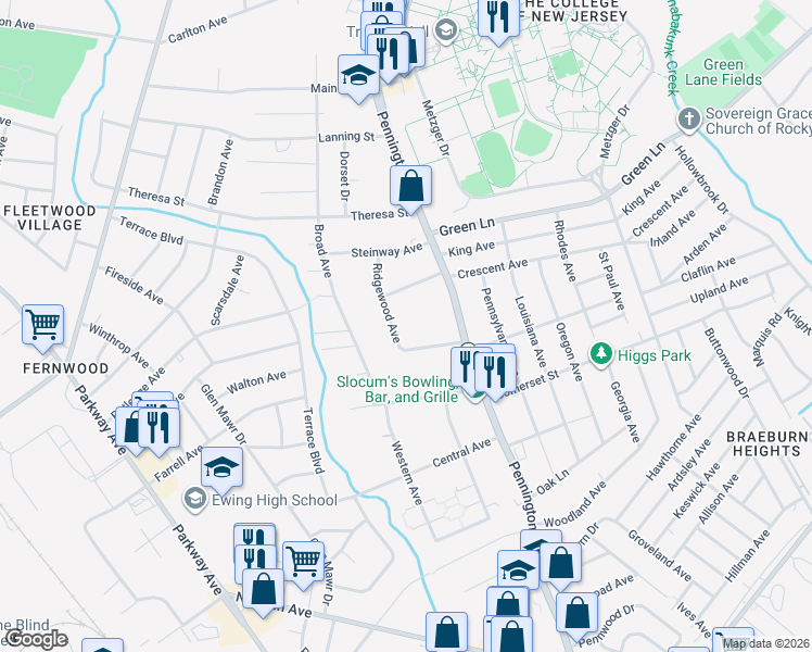 map of restaurants, bars, coffee shops, grocery stores, and more near 22 Carolina Avenue in Ewing Township